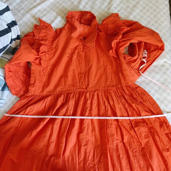 Zara Poplin Embroidered Midi Dress Eyelet Ruffled Puff Sleeve Orange - Picture 9 of 10